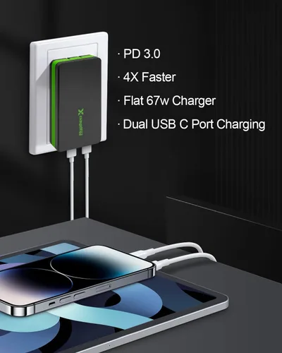 Vista 2 de Cargador de pared delgado USB C dual plano, PD 67w GaN Bloque de carga rápida 2 Tipo C Multi Puerto Enchufe plegable para iPhone 15 14 13 Pro Max