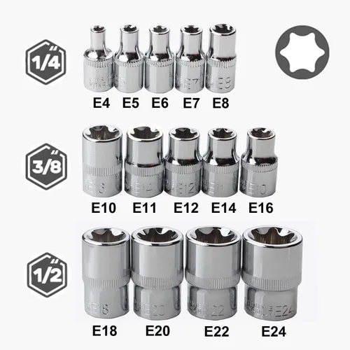 Vista 2 de Juego de llaves hembra E Torx con estuche, 1/4, 3/8, 1/2 pulgadas Drive E4-E24 Kit de llaves de torque externas, 14 piezas