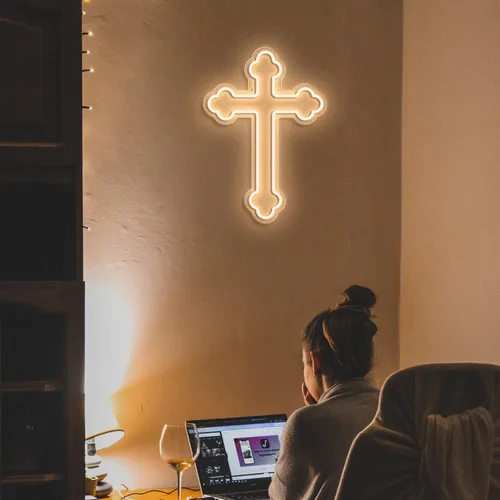 Vista 7 de Letreros de neón con cruz de Jesús, luces de pared de neón cruzadas, lámpara de arte colgante para el hogar, habitación, boda, fiesta, decoración