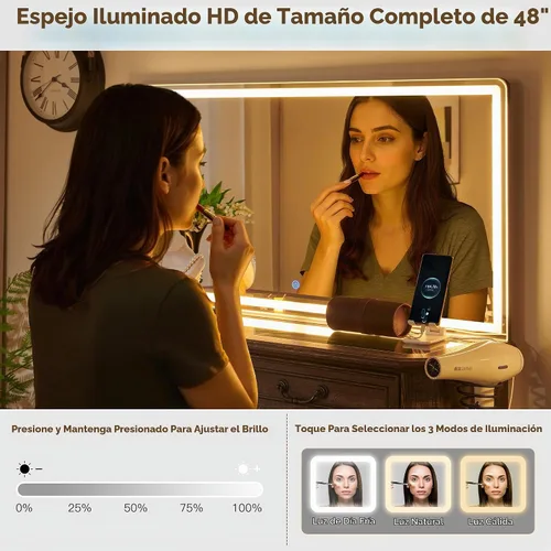 Vista 3 de T4TREAM Escritorio de maquillaje con espejo iluminado HD de 48 pulgadas, mesa de tocador de granja con 8 cajones, escritorio de tocador con 3 modos