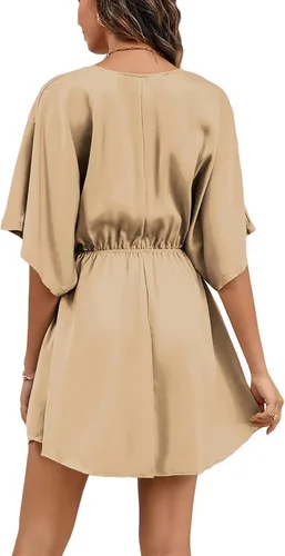 Vista 2 de LYANER Minivestido elegante de satén con cuello en V y volantes para mujer