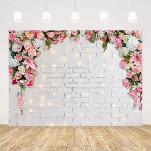 Vista 2 de AIBIIN Fondo de fotografía floral rosa de 7 x 5 pies para pared, flores blancas para boda, despedida de soltera, ceremonia, fondo de fotos, fiesta