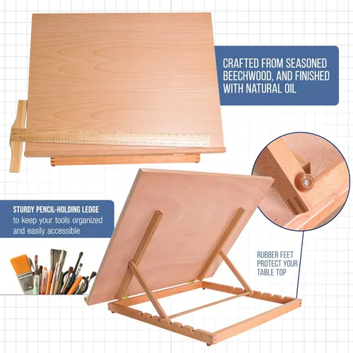 Vista 4 de U.S. Art Supply Tablero de dibujo de madera extragrande de 26" x 21", caballete de mesa ajustable para pintar y dibujar - Tablero de dibujo
