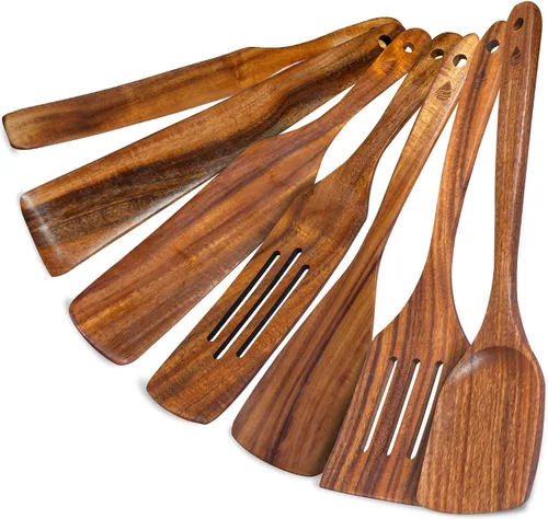 Vista 8 de 5 piezas de espátulas de madera para cocinar, juego de utensilios de madera de teca natural, utensilio de cocina de madera no tóxico, cucharas