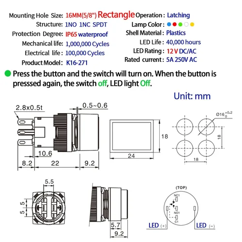Vista 2 de 3 unids 0.630 in interruptor de botón momentáneo rectángulo 12V DC LED luz verde certificación UL 5/8 "agujero de montaje 1NO 1NC SPDT 5pin