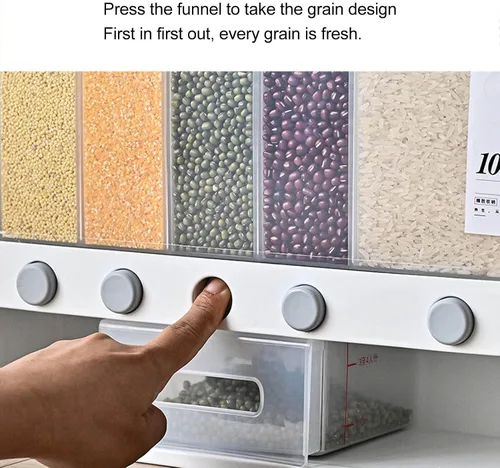 Vista 4 de Dispensador de arroz, dispensador de alimentos secos de 6 rejillas montado en la pared, recipientes grandes de almacenamiento de cereales secos