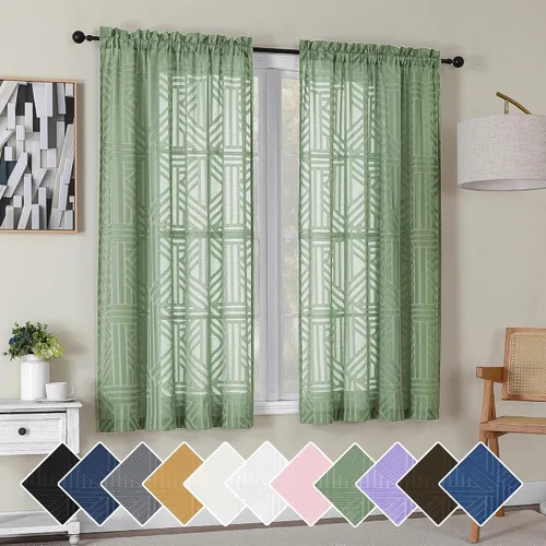 Vista 49 de Simplebrand Cortinas traslúcidas negras de cocina de 24 pulgadas de largo, 2 paneles, filtrado de luz, geométrico jacquard con textura, cortinas