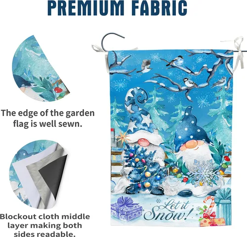 Vista 2 de Bandera de jardín de copos de nieve de gnomo azul de doble cara, Let it Snow Invierno decorativo para casa, patio, bandera pequeña al aire libre