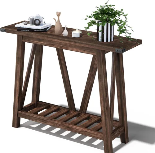 Vista 8 de Mesa de sofá extra larga de 70 pulgadas detrás del sofá, mesa de entrada industrial de 2 niveles, mesa consola de entrada estrecha con Negro