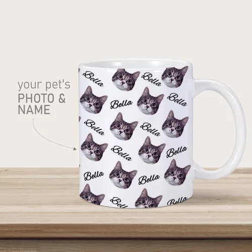 Vista 2 de Taza personalizada con nombre de cara de gato, taza de café personalizada, taza de foto de gato personalizada de 11 onzas, bonitos regalos