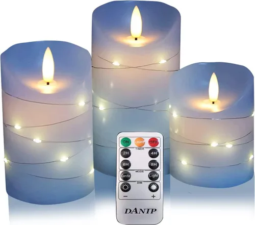 Vista 7 de DANIP - Vela LED sin llama azul cielo, con cuerda de estrella integrada, juego de 3 velas LED, con control remoto de 11 botones, función
