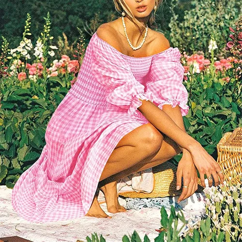 Vista 5 de NIUQI Vestido midi bohemio a cuadros para mujer cuello cuadrado hombros descubiertos manga abombada fruncido escalonado con volantes