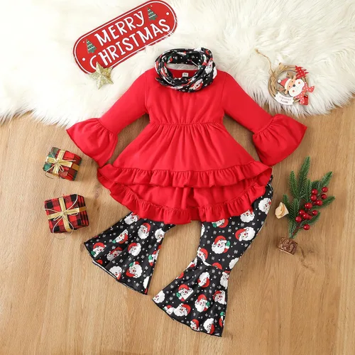 Vista 2 de Traje de Navidad para bebé niña, camisa de manga larga, vestido con volantes, leggings para niños, pantalones acampanados, bufanda, disfraz de Papá