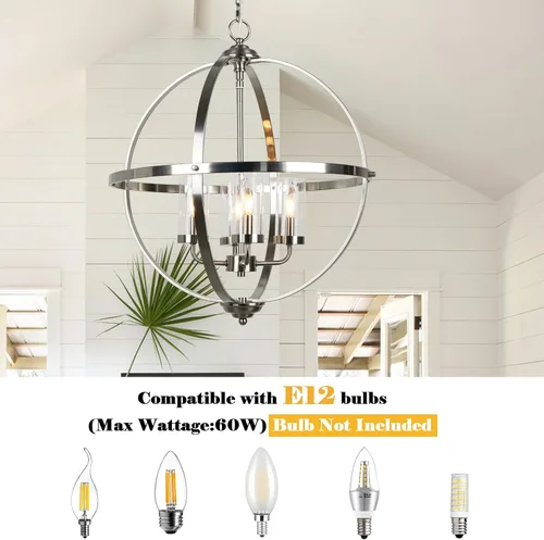 Vista 7 de Treekee Candelabro Globo de 20'', Candelabros de Níquel Cepillado, Candelabro Orbe Moderno de 4 Luces, Lujosa Lámpara Colgante con Pantalla