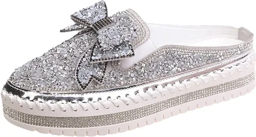 Vista 6 de Hbeylia Zapatos deportivos sin cordones para mujer, con lentejuelas y diamantes de imitación, diseño de lazo, plataforma, transpirables