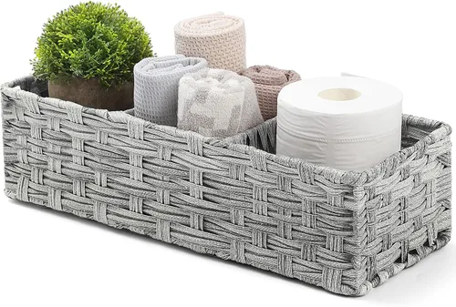 Vista 9 de [Compartimentos más grandes] Cesta de papel superior del tanque de inodoro - Cesta de mimbre de plástico multiusos tejida a mano con divisor