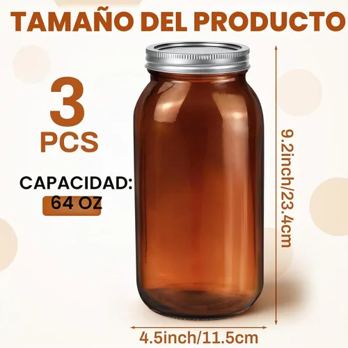 Vista 2 de Norme Juego de 3 tarros de vidrio de 64 onzas, tarros de conservas de vidrio en relieve, recipiente de fermentación de medio galón con tapas Ámbar