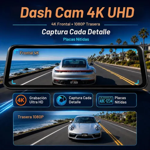 Vista 2 de Cámara de tablero dual con espejo 4K para coches, cámara de salpicadero