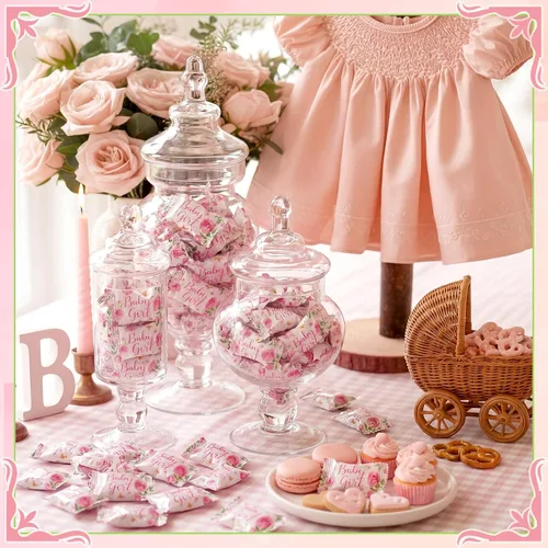 Vista 3 de Naucoos Dulces de baby shower para niña, bolsa de 26.5 onzas, 150 mentas duras a suaves, envueltas individualmente, caramelos rosados para baby