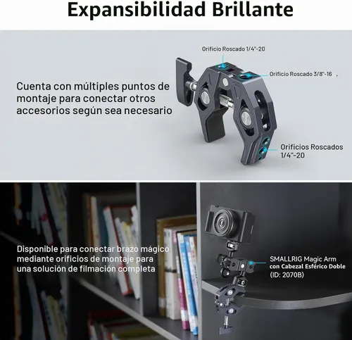 Vista 3 de SMALLRIG Abrazadera en forma de cangrejo, soporte para cámara, 1/4"-20, 3/8"-16 agujeros roscados, carga útil de 7.7lbs/3.5kg, compatible