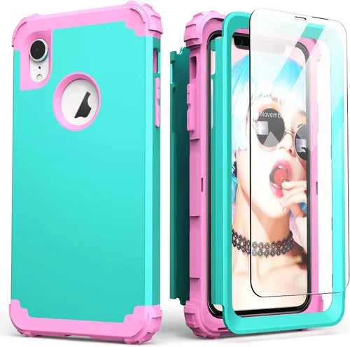 Vista 12 de IDweel Funda para iPhone XR, funda para iPhone XR con protector de pantalla de vidrio templado, 3 en 1, a prueba de golpes, delgada, híbrida, Negro