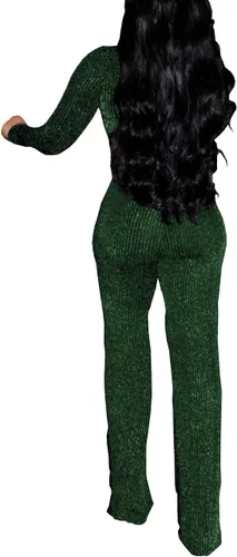 Vista 4 de HannahZone Overol sexy brillante para mujer, ropa de club, manga larga, elegante, para fiesta, cintura alta, pantalones de pierna ancha