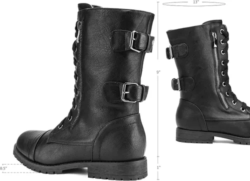 Vista 4 de DREAM PAIRS - Borceguí estilo militar para mujer con cordones, a media pantorrilla, para invierno