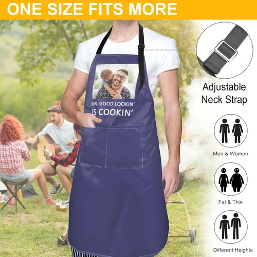 Vista 4 de Delantal personalizado con logotipo de imagen de texto para mujeres y hombres, delantales de cocina personalizados con bolsillos delantal