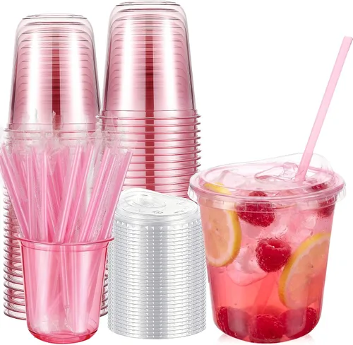 Vista 19 de Ziliny Paquete de 50 vasos de plástico transparente negro de 12 onzas con tapas y popotes, vasos desechables para mascotas, taza de café helado