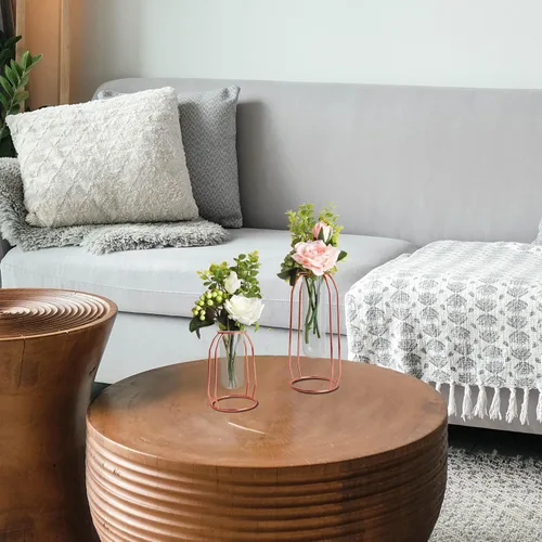 Vista 3 de FSyueyun Florero de oro rosa para decoración del hogar con estante de metal, jarrones de vidrio dorado para centros de mesa, jarrones de brote
