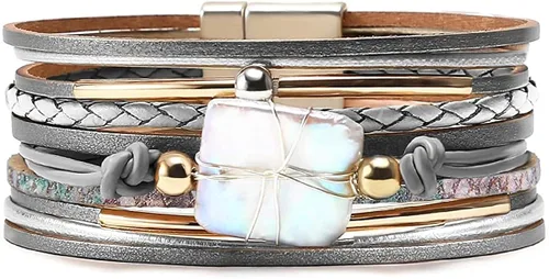 Vista 2 de Fesciory - Pulsera de piel de leopardo para mujer, pulsera de cuero multicapa, brazalete con cierre magnético, joyería