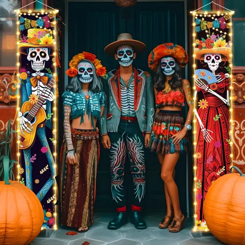 Vista 2 de Decoraciones de Halloween Día de los Muertos con luz para porche, decoración de Halloween, Día de los Muertos de México, carteles de porche