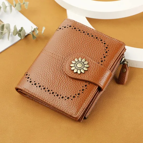 Vista 6 de Lavemi Cartera de cuero para mujer, pequeña, compacta, con bloqueo RFID, con bolsillo con cremallera
