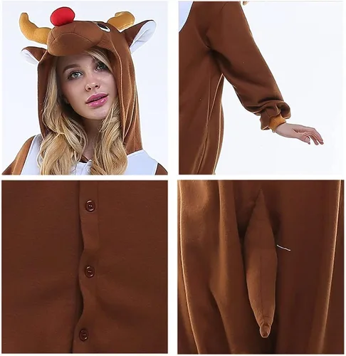 Vista 6 de NEWCOSPLAY - Pijama unisex de una pieza de felpa con diseño de reno de Santa Claus para adultos Reno de café S