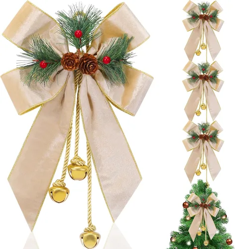 Vista 9 de Yinkin Corona de Árbol de Navidad Lazo Lazos de Cinta de Navidad con Campanas 11 x 7.8 pulgadas Terciopelo Cono de Pino Lazo Adornos Colgantes