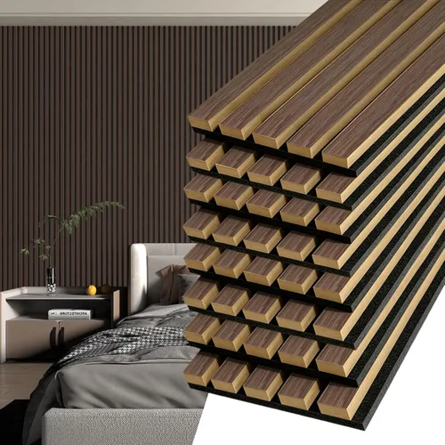 Vista 10 de Art3d 2 paneles acústicos de listones de madera para pared y techo, panel de absorción de sonido acanalado 3D con acabado de madera, negro mate
