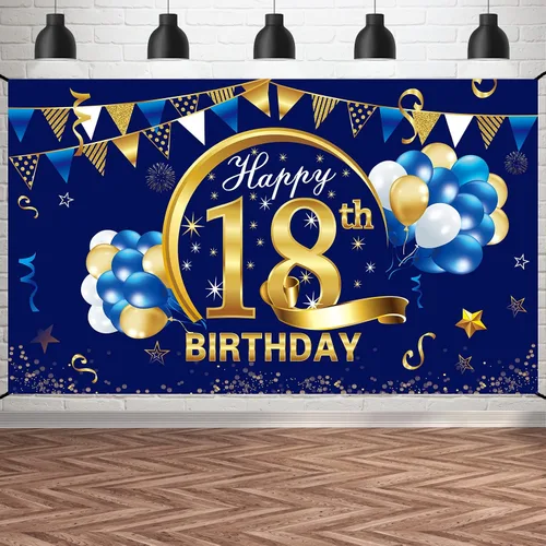 Vista 10 de Cartel de cumpleaños número 15 azul dorado para niños, suministros de fiesta de telón de fondo, letrero de fondo para fotos de cumpleaños de 15 años