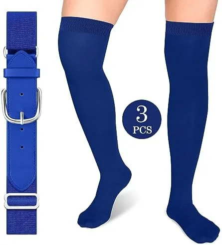 Vista 5 de Hicarer Juego de 3 pares de calcetines de fútbol por encima de la rodilla, calcetines de béisbol extralargos, calcetines de sóftbol con cinturón