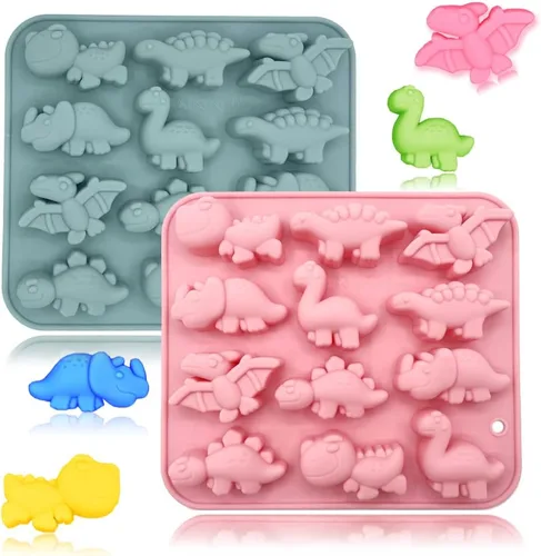 Vista 12 de Paquete de 2 moldes de silicona de dinosaurio con 12 cavidades 3D con temática de dinosaurios para hornear, herramienta de horneado para pastel