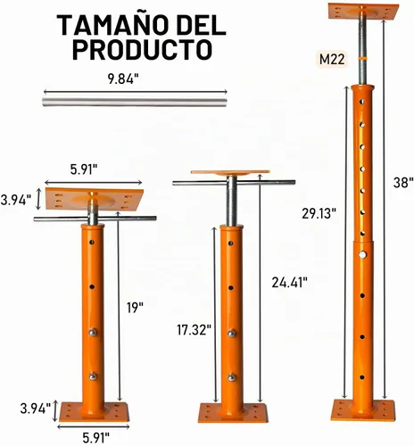 Vista 4 de Gatos para Nivelación de Casas, Paquete de 2 Postes de Gato Ajustables de 19"-38", Gato de Piso para Sótano, Postes de Gato de Piso de Tornillo