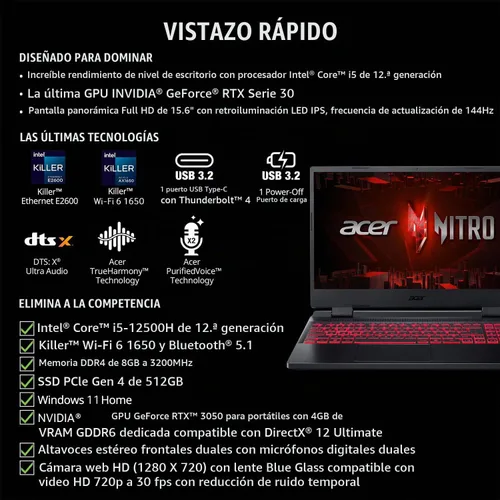 Vista 6 de Acer Nitro 5 AN515-58-525P Laptop para juegos Intel Core i5-12500H GPU NVIDIA GeForce RTX 3050 Laptop Pantalla IPS FHD de 15.6 pulgadas 144Hz