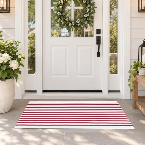 Vista 10 de USTIDE Orange White Stripe Woven Door Mat 2'x3' Washable Woven Striped Rug Orange&white Bold