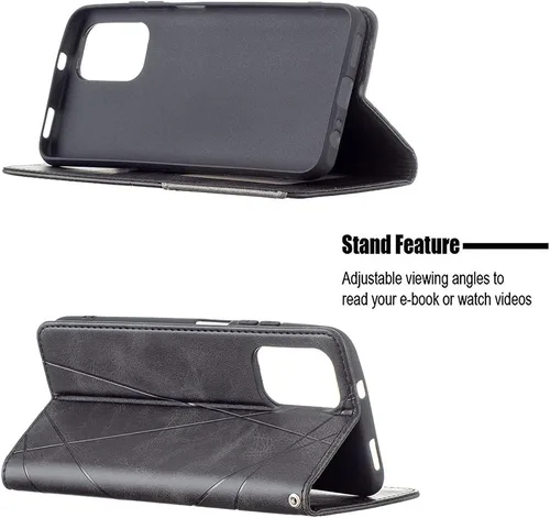 Vista 3 de Funda con tapa para Xiaomi Redmi Note 10 4G/Note 10S, patrón de rombos de cuero de primera calidad, función atril, cierre magnético, color negro