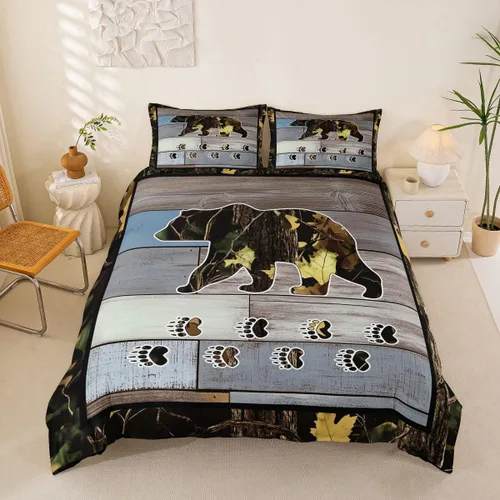 Vista 16 de Funda de edredón de cabaña marrón retro, juego de ropa de cama de retazos con diseño de oso del bosque, ciervos para cabaña rústica, funda de Multi