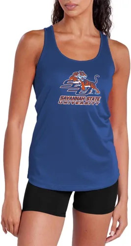 Vista 499 de Camiseta deportiva sin mangas oficial de NCAA Collegiate para mujer, con espalda cruzada, colección con logotipo primario