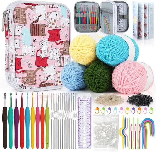 Vista 12 de Katech - Kit de ganchos de ganchillo con estuche, juego de 85 piezas de ganchillo, ganchos ergonómicos para tejer, agujas de tejer, kits de hilo