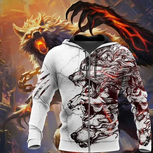 Vista 3 de Sudadera con capucha Viking Fenrir con estampado 3D de tres lobos grises Totem unisex