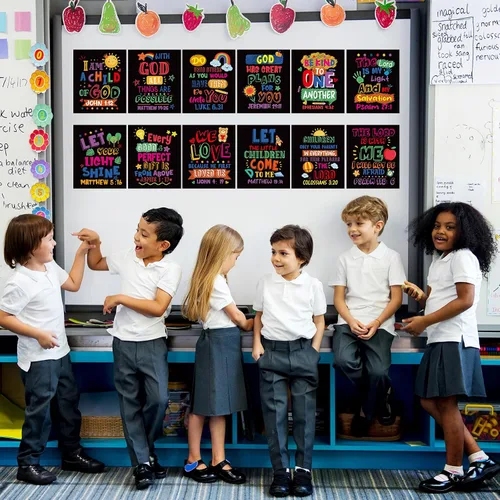 Vista 7 de Cinrobiye 12 carteles con versículo bíblico para niños, arte de pared cristiano inspirador con citas de las Escrituras, decoración religiosa