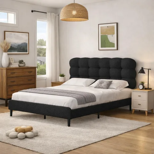 Vista 17 de Base de cama individual BarnFurin con cabecera tapizada, tela suave tipo bouclé, cama plataforma con fuerte soporte de listones de madera, diseño