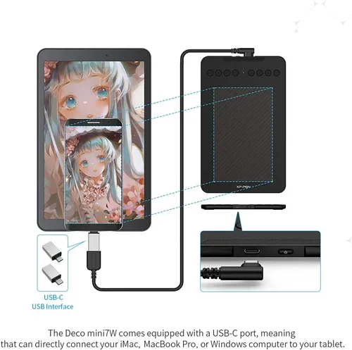 Vista 7 de Tableta de Dibujo Inalámbrica XPPen Deco mini7W Tableta Gráfica Tableta con Lápiz con 8192 Niveles de Presión, Tableta de Artista de 7 x 4 pulgadas